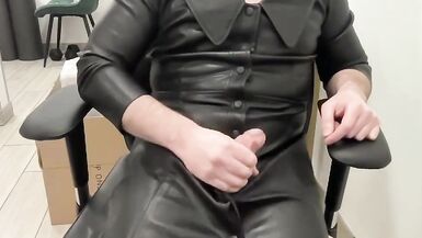 Tranny in the leather BDSM schoolgirl dress jerk and cum - 3 image