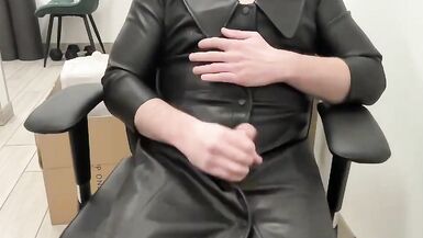 Tranny in the leather BDSM schoolgirl dress jerk and cum - 5 image