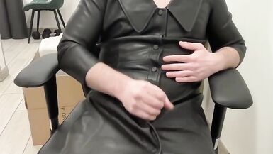 Tranny in the leather BDSM schoolgirl dress jerk and cum - 8 image