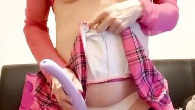 Naughty schoolgirl vibrator play in fishnet holdups! - 15 image