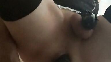 Sissy training: slut in chastity having fun on huge anal toys, multiple sissygasms - 15 image