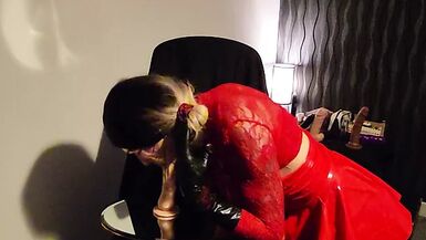 Little Red dress chastity  & suck - 1 image