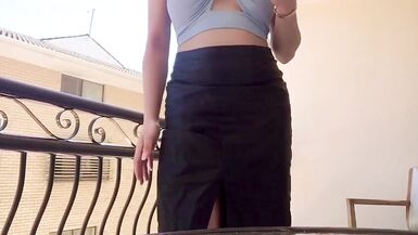 sexy shemale very naughty secretly show her cock in balcony and masturbate - 12 image