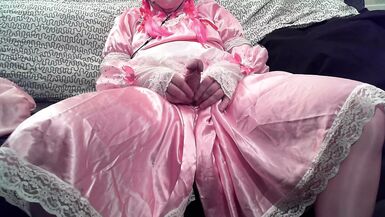 Pink Satin Sissy Slut Maid Listening To Sissy Audio - 1 image