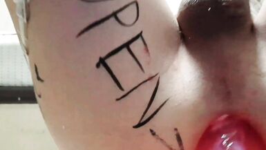 Slutty femboy in white stockings with body writing big dildo fuck ass and gape asshole - 11 image