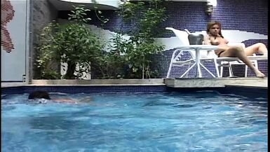 Erotic stud fucking sexy shemale hard by the pool after getting his dick sucked - 1 image