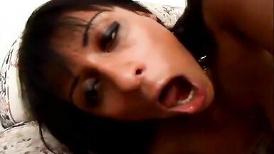 Ebony chick sucks and rides shemale dick then gets creamed - 12 image