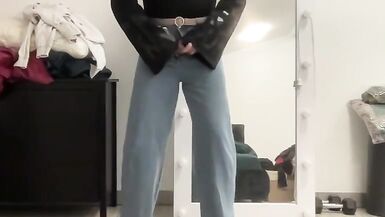 Flared wide leg palazzo jeans sissy in black body jacket masturbating and waiting for a mistress to suck cocks and BDSM - 12 image