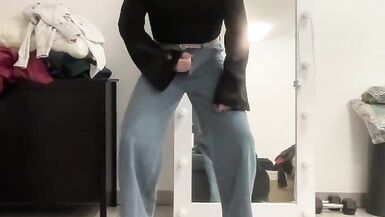 Flared wide leg palazzo jeans sissy in black body jacket masturbating and waiting for a mistress to suck cocks and BDSM - 13 image