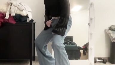 Flared wide leg palazzo jeans sissy in black body jacket masturbating and waiting for a mistress to suck cocks and BDSM - 15 image