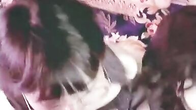 two ladyboys bonded and sucking each other cocks with a fat guy - 5 image