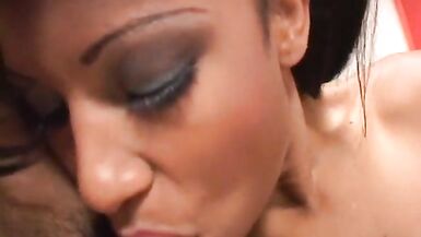 Tranny slut sucks a cock and gets ass fucked by two guys and creamed on her big tits - 4 image