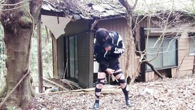 Masturbation perverted transgender tearing clothes in an abandoned house in the forest. - 11 image