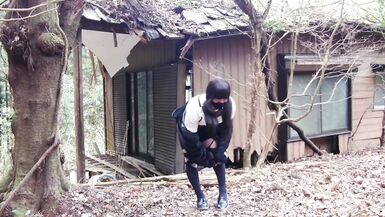 Masturbation perverted transgender tearing clothes in an abandoned house in the forest. - 7 image