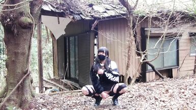 Masturbation perverted transgender tearing clothes in an abandoned house in the forest. - 9 image