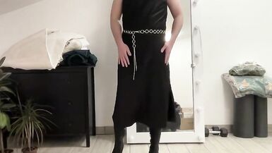 Black satin fetish long dress and silk jacket and high heels overknee boots and my cock hard and horny. Suck me gently - 10 image