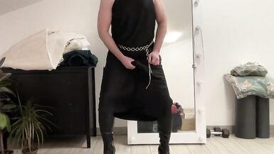 Black satin fetish long dress and silk jacket and high heels overknee boots and my cock hard and horny. Suck me gently - 12 image