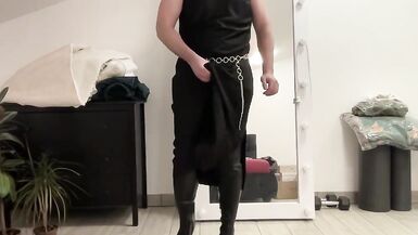 Black satin fetish long dress and silk jacket and high heels overknee boots and my cock hard and horny. Suck me gently - 14 image