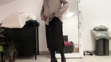 Black satin fetish long dress and silk jacket and high heels overknee boots and my cock hard and horny. Suck me gently - 5 image