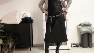 Black satin fetish long dress and silk jacket and high heels overknee boots and my cock hard and horny. Suck me gently - 7 image