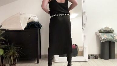 Black satin fetish long dress and silk jacket and high heels overknee boots and my cock hard and horny. Suck me gently - 9 image