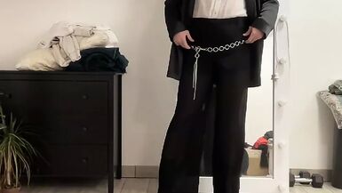 Crossdresser tranny palazzo wideleg fetish trousers, satin silk blazer, white office ruffled blouse and high heels boots - 1 image