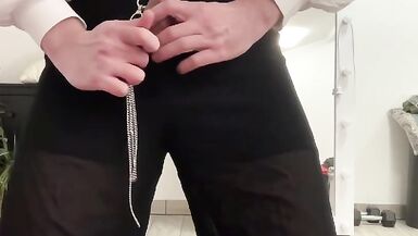 Crossdresser tranny palazzo wideleg fetish trousers, satin silk blazer, white office ruffled blouse and high heels boots - 11 image