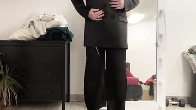 Crossdresser tranny palazzo wideleg fetish trousers, satin silk blazer, white office ruffled blouse and high heels boots - 3 image