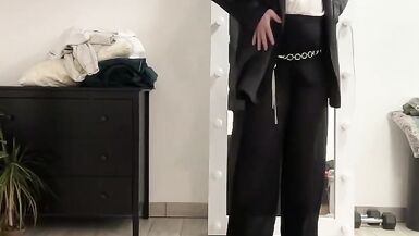 Crossdresser tranny palazzo wideleg fetish trousers, satin silk blazer, white office ruffled blouse and high heels boots - 4 image