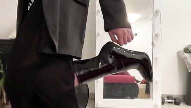 Crossdresser tranny palazzo wideleg fetish trousers, satin silk blazer, white office ruffled blouse and high heels boots - 5 image