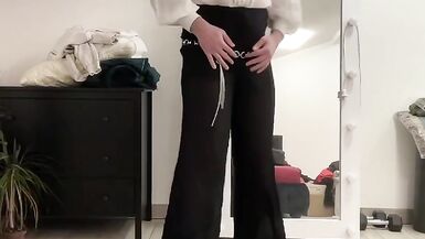 Crossdresser tranny palazzo wideleg fetish trousers, satin silk blazer, white office ruffled blouse and high heels boots