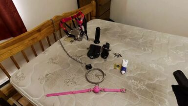 Sissy Maid Chained to Bed in Chastity, Gagged and Leather Bondage Mitts Handcuffed on