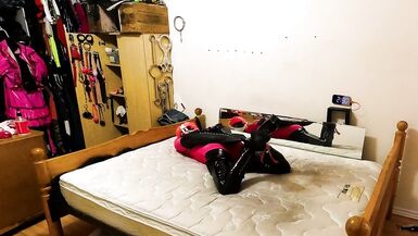 Self Bondage Armbinder Hogtie in PVC Catsuit and Lycra Bodysuit with Chastity Belt and Dildo Locked in Place - 14 image