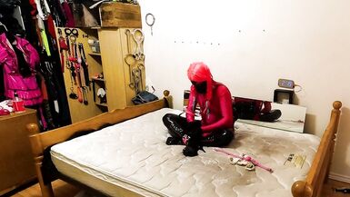 Self Bondage Armbinder Hogtie in PVC Catsuit and Lycra Bodysuit with Chastity Belt and Dildo Locked in Place - 5 image