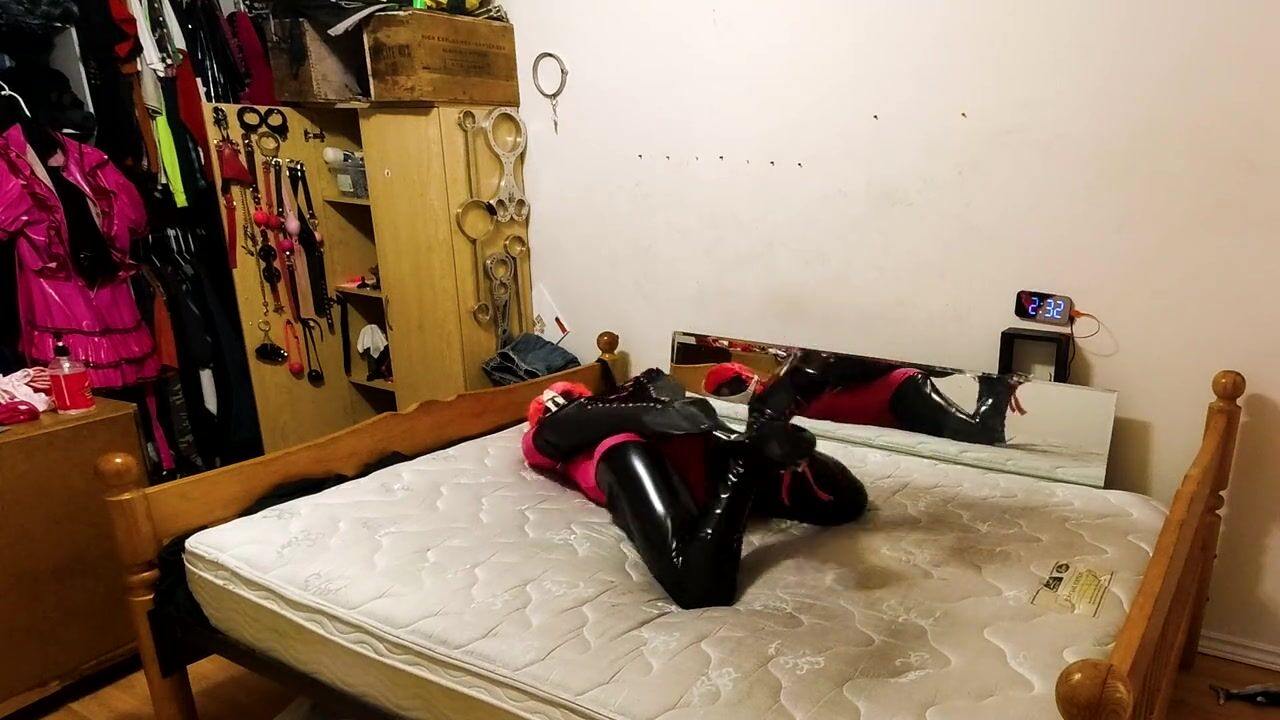 Self Bondage Armbinder Hogtie in PVC Catsuit and Lycra Bodysuit with Chastity Belt and Dildo Locked in Place watch online photo