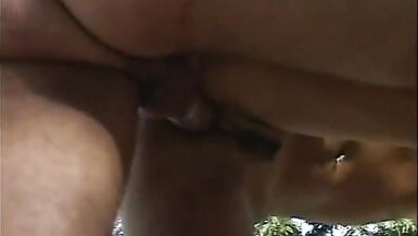 Threesome by the pool with a brunette babe, a tranny blonde and a guy - 8 image