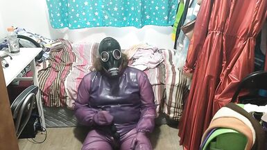 Latex Jelly Loose Purple Body Suit over Swimsuit Vibraitor and gasmask breathplay - 10 image