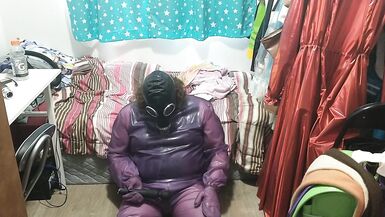 Latex Jelly Loose Purple Body Suit over Swimsuit Vibraitor and gasmask breathplay - 11 image