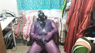 Latex Jelly Loose Purple Body Suit over Swimsuit Vibraitor and gasmask breathplay - 15 image
