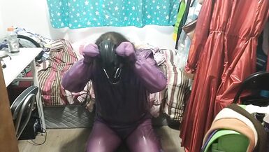 Latex Jelly Loose Purple Body Suit over Swimsuit Vibraitor and gasmask breathplay - 2 image