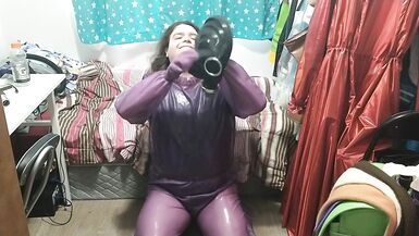 Latex Jelly Loose Purple Body Suit over Swimsuit Vibraitor and gasmask breathplay