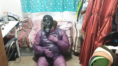 Latex Jelly Loose Purple Body Suit over Swimsuit Vibraitor and gasmask breathplay - 6 image