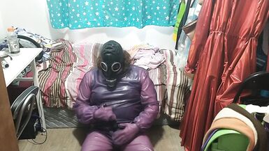 Latex Jelly Loose Purple Body Suit over Swimsuit Vibraitor and gasmask breathplay - 8 image