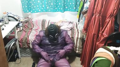 Latex Jelly Loose Purple Body Suit over Swimsuit Vibraitor and gasmask breathplay - 9 image