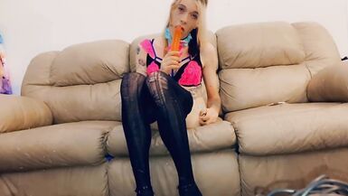 Pretty Girl in Sexy Pink and Blue Lingerie Likes to Play - 5 image