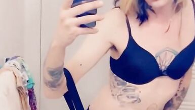 Cute girl in suspenders shows her underwear while masturbating - 10 image