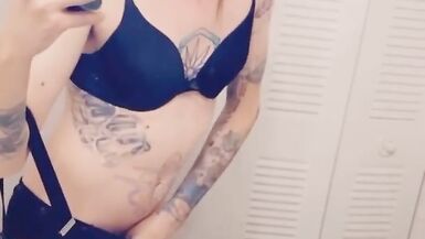 Cute girl in suspenders shows her underwear while masturbating - 11 image