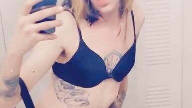 Cute girl in suspenders shows her underwear while masturbating - 12 image