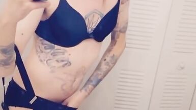 Cute girl in suspenders shows her underwear while masturbating - 13 image