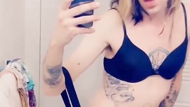 Cute girl in suspenders shows her underwear while masturbating - 14 image